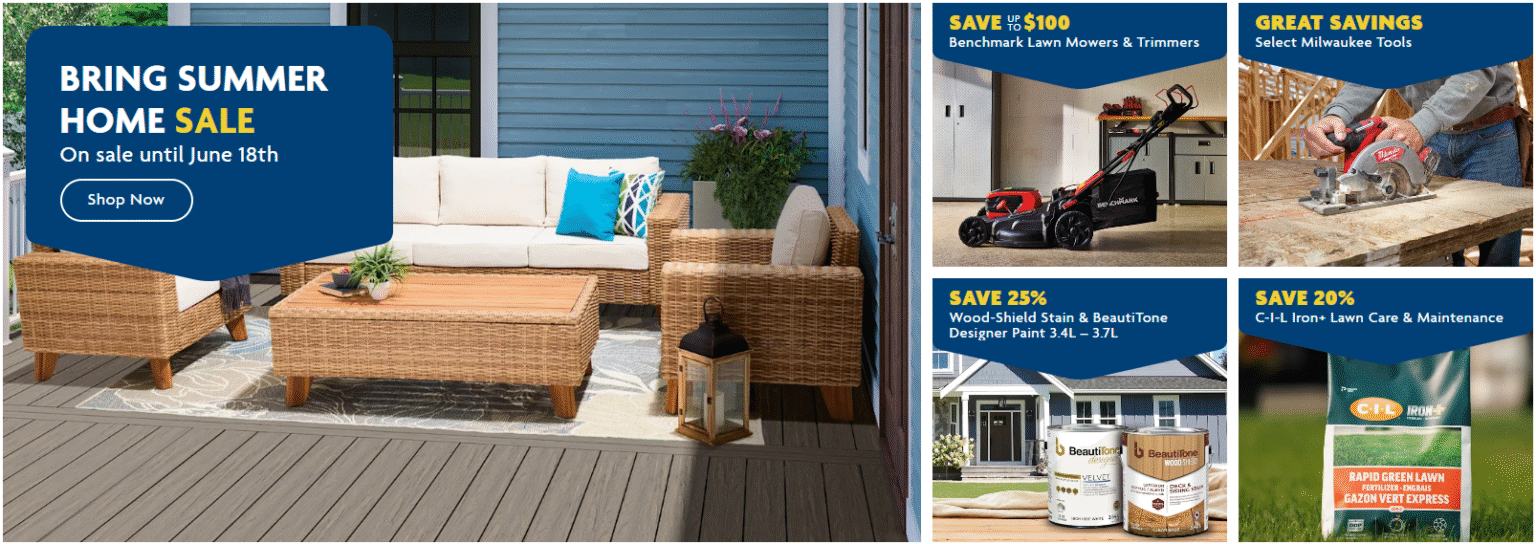 A series of photos advertising our Bring Summer Home Sale including decking, power tools and grass seed.